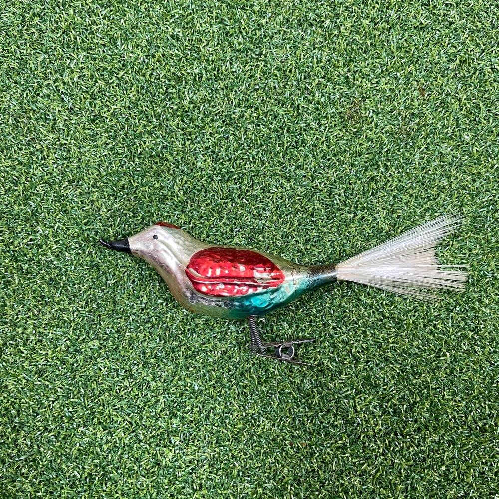 Vintage Mercury Glass Bird Christmas Ornament Clip On Spun Glass Tail MCM